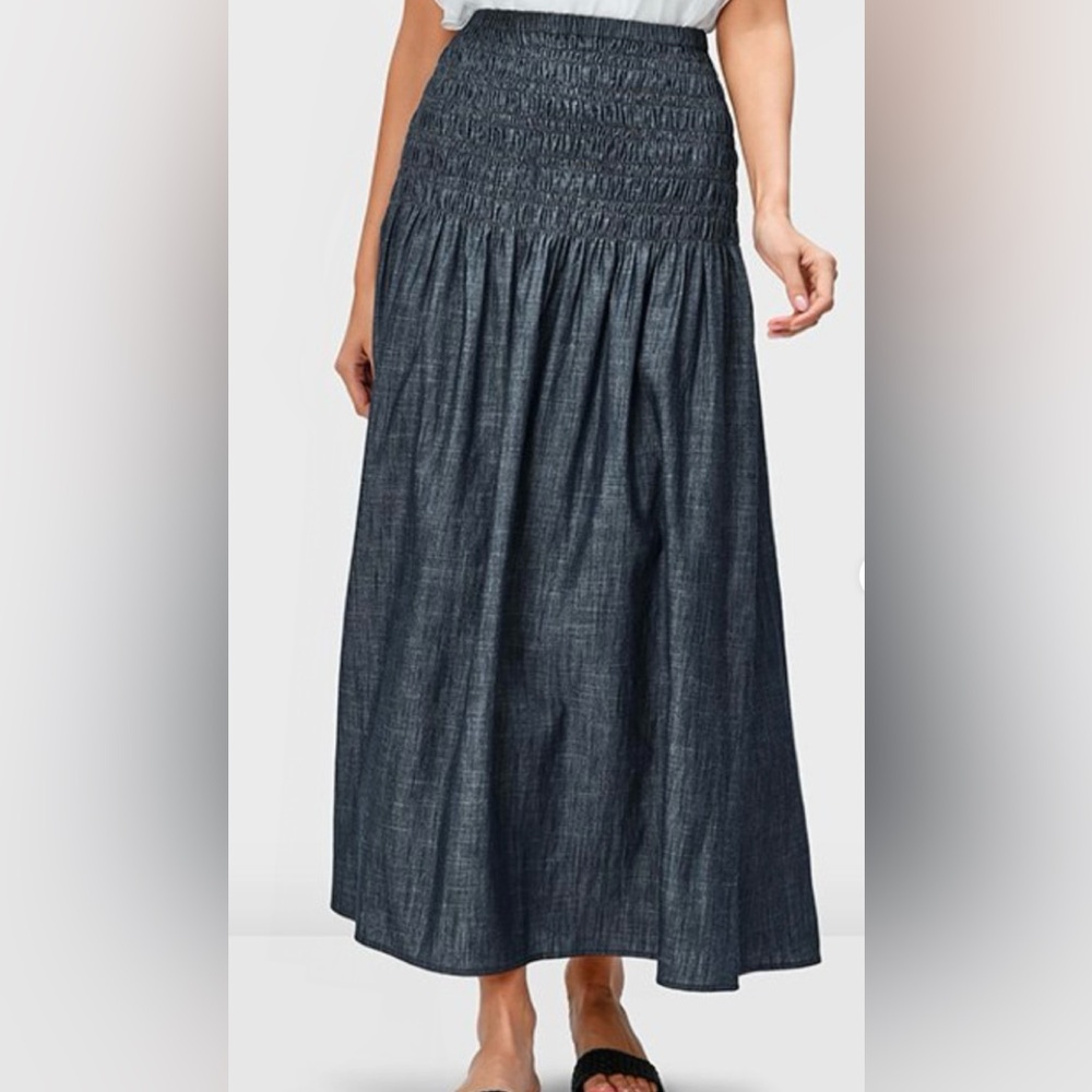 Long Cotton Chambray Skirt Ruched Pleating Elastic-smocked Waist
